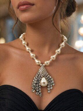 Vintage Arnold Scaasi CN Signed Rare Faux Pearl Rhinestone Necklace Teardrop